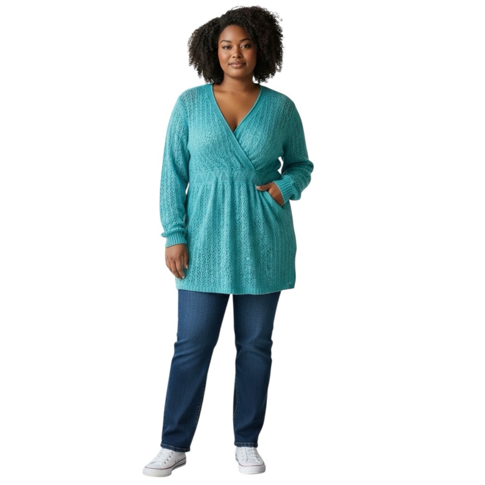 Lane Bryant Pullover Teal Open Knit Cross Front Sweater size 18/20